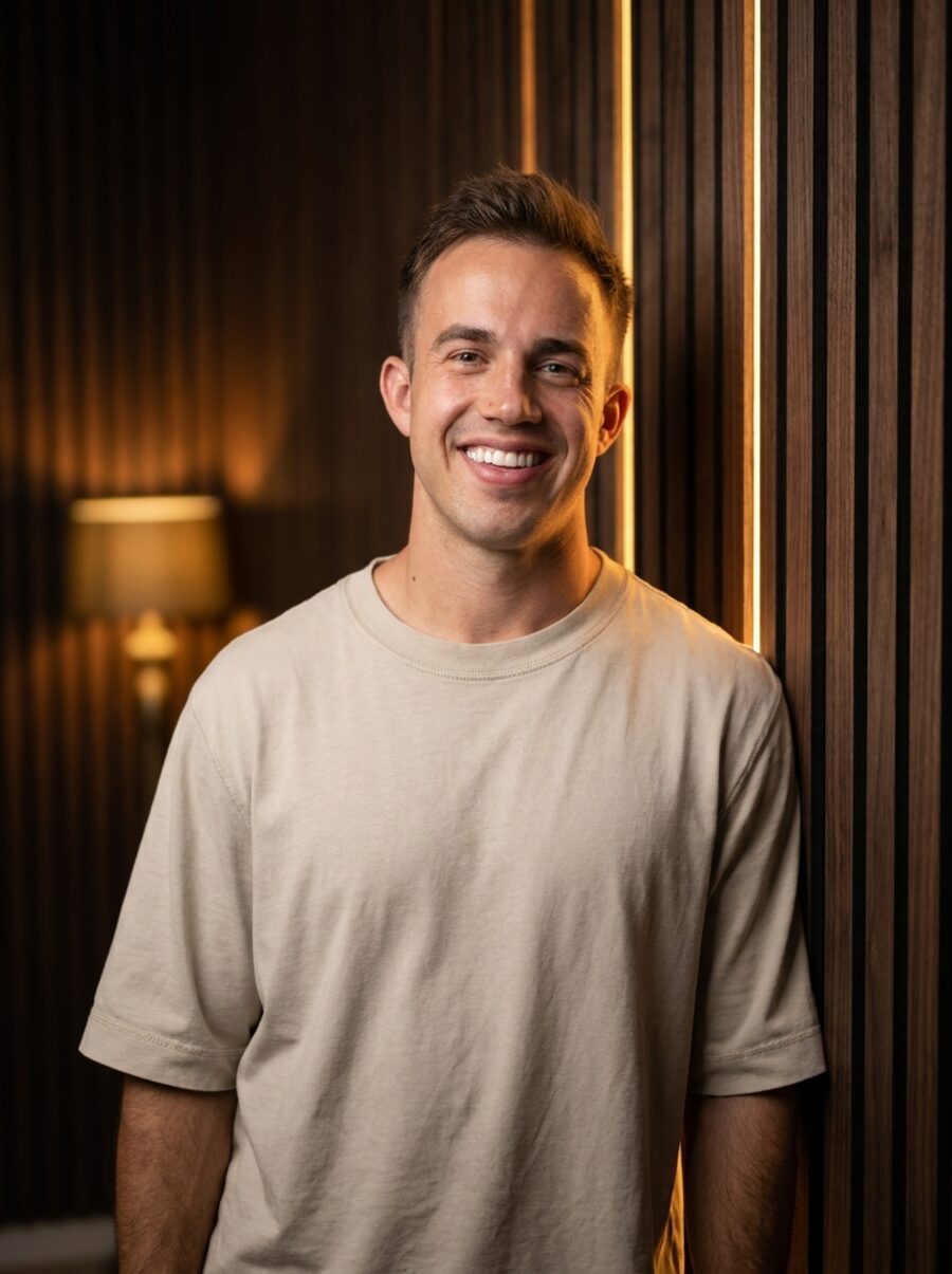 Kaleb Webb smiling in his studio
