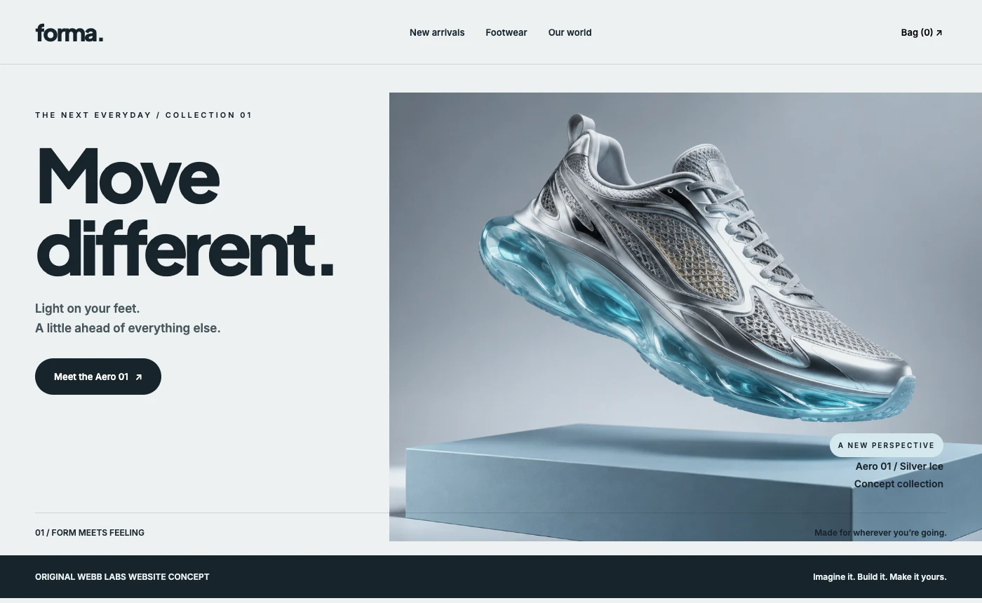 Original Forma concept storefront with a silver sneaker and large modern typography