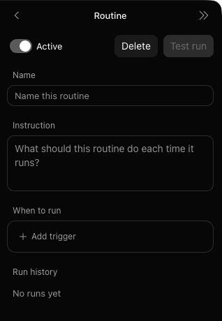 Grok Bot routine editor with Name, Instruction, When to run and Test run