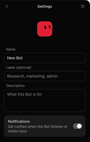 Grok Bot Settings with Name, Label and Description fields