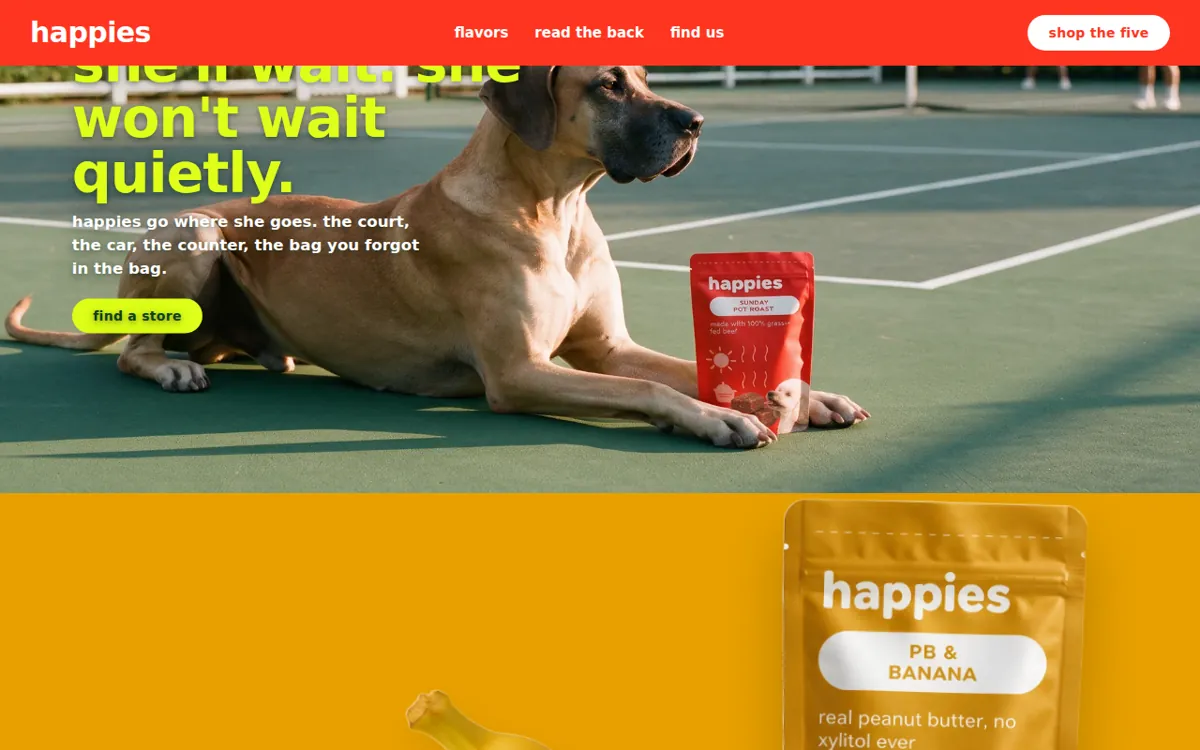 Great Dane courtside with a Happies pouch, caption in tennis-ball yellow