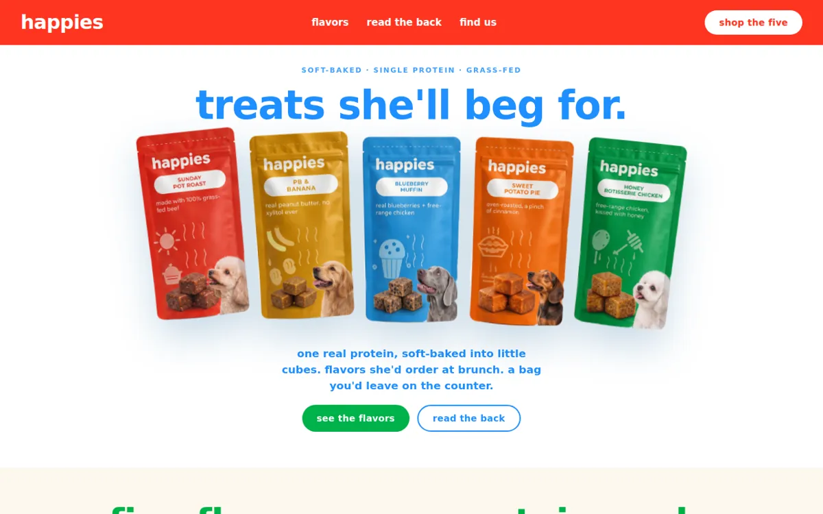 Happies site hero: five bags, treats she'll beg for