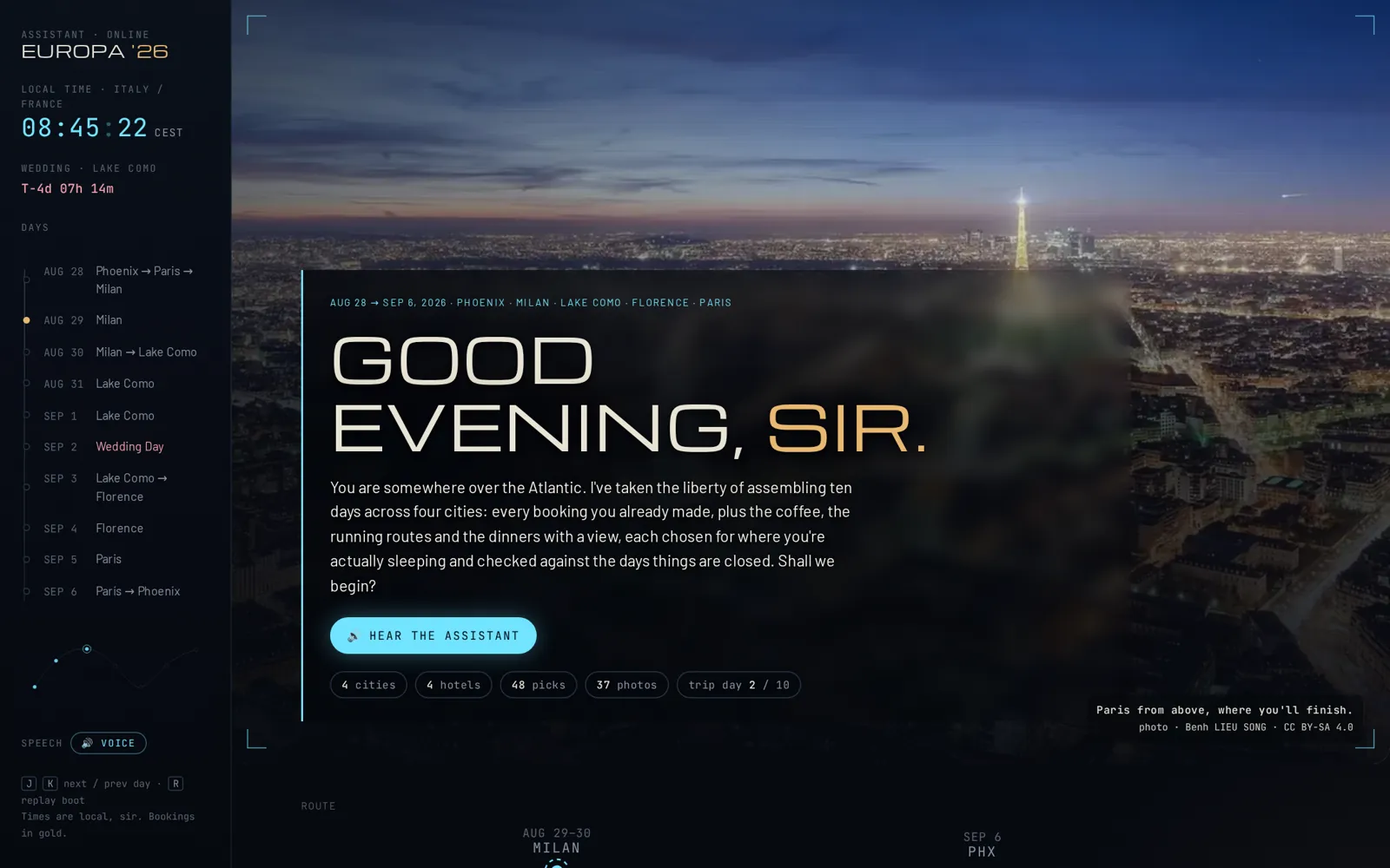 The finished page: dark hero photo of Paris at night, GOOD EVENING, SIR, live clock, wedding countdown