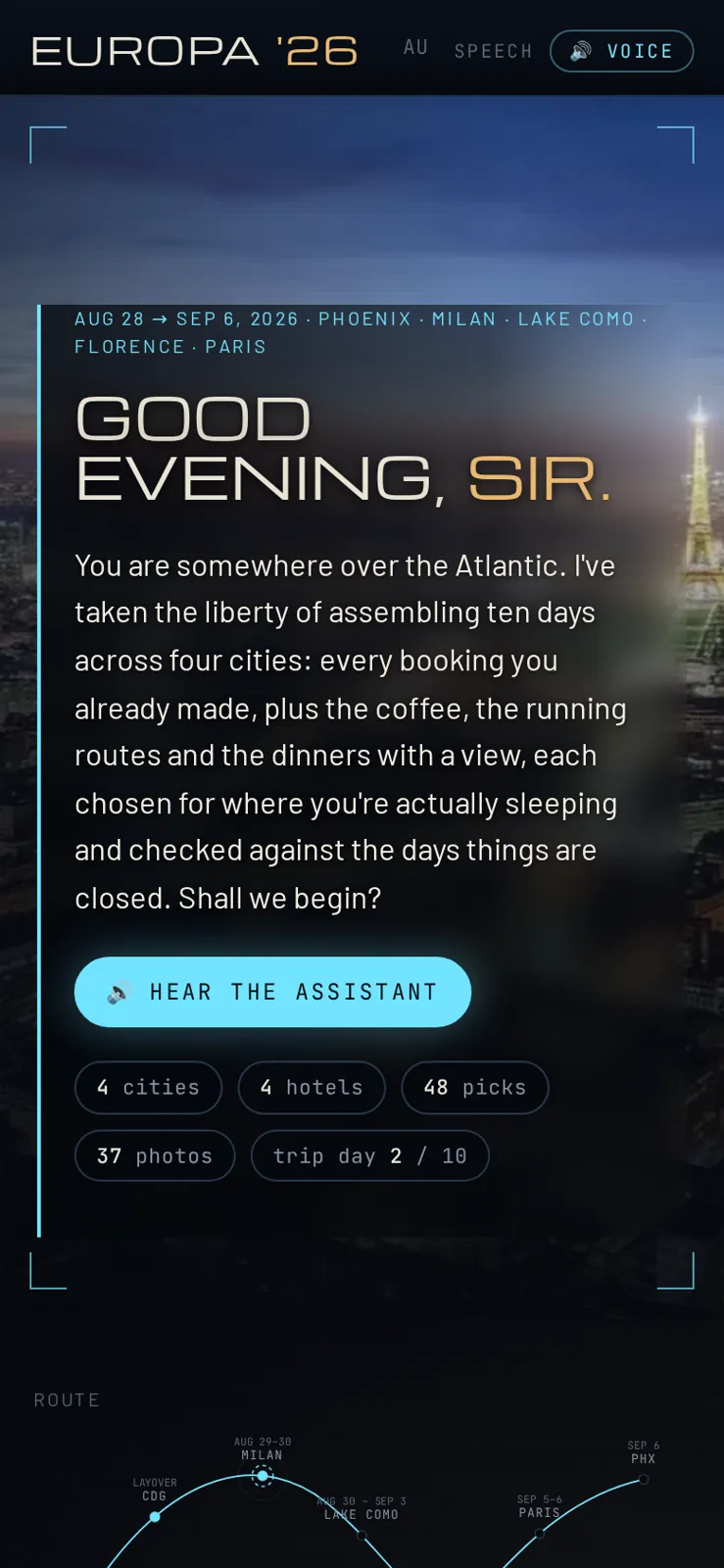 The page on a phone: hero photo, greeting, clock