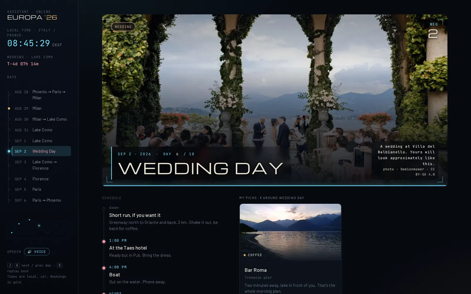 Full-bleed real photo of a wedding at Villa del Balbianello with the wedding-day header